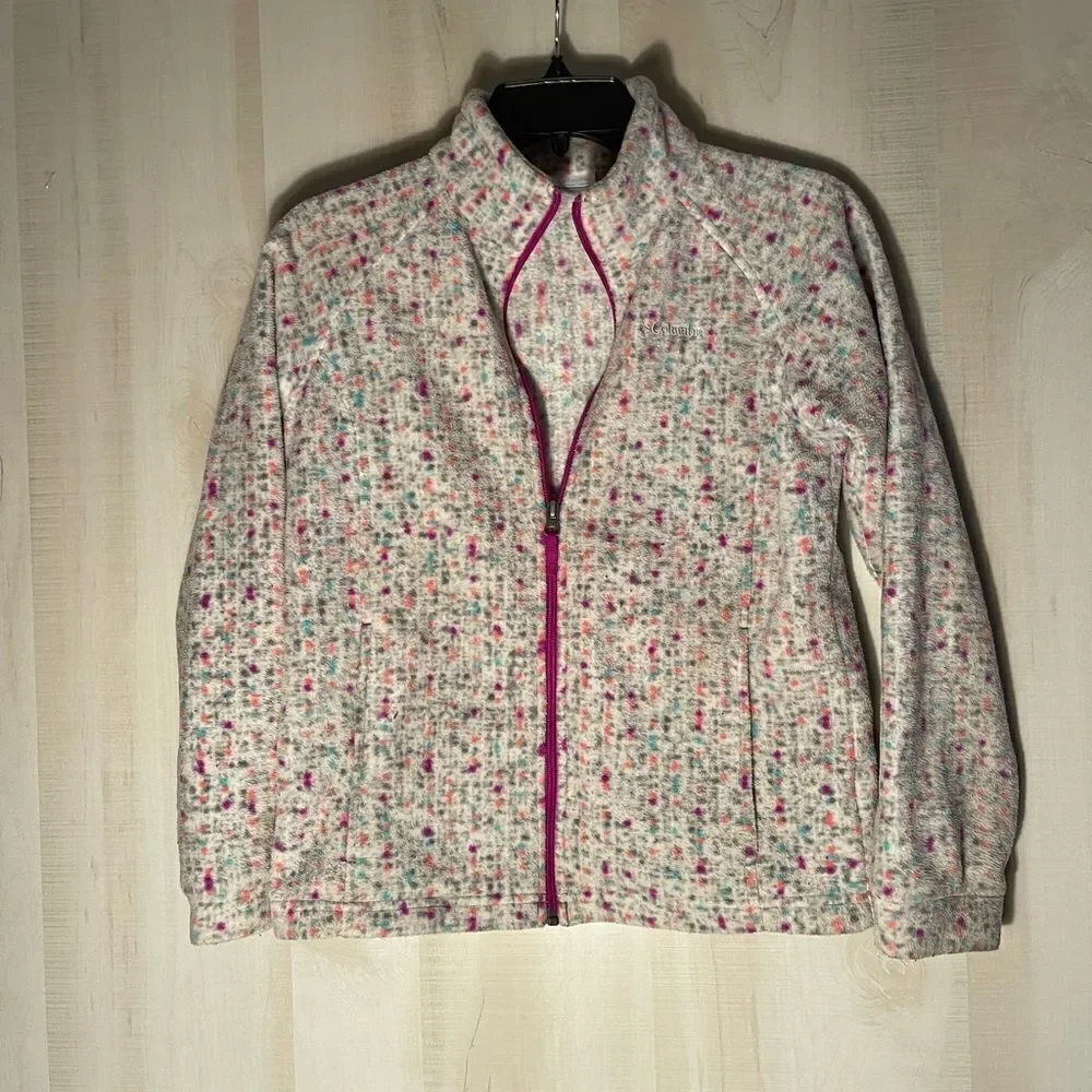 Columbia girls fleece jacket white with multi color‎ flecks, size large